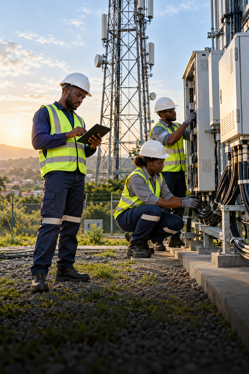 Telecom field engineers inspecting a cellular tower site