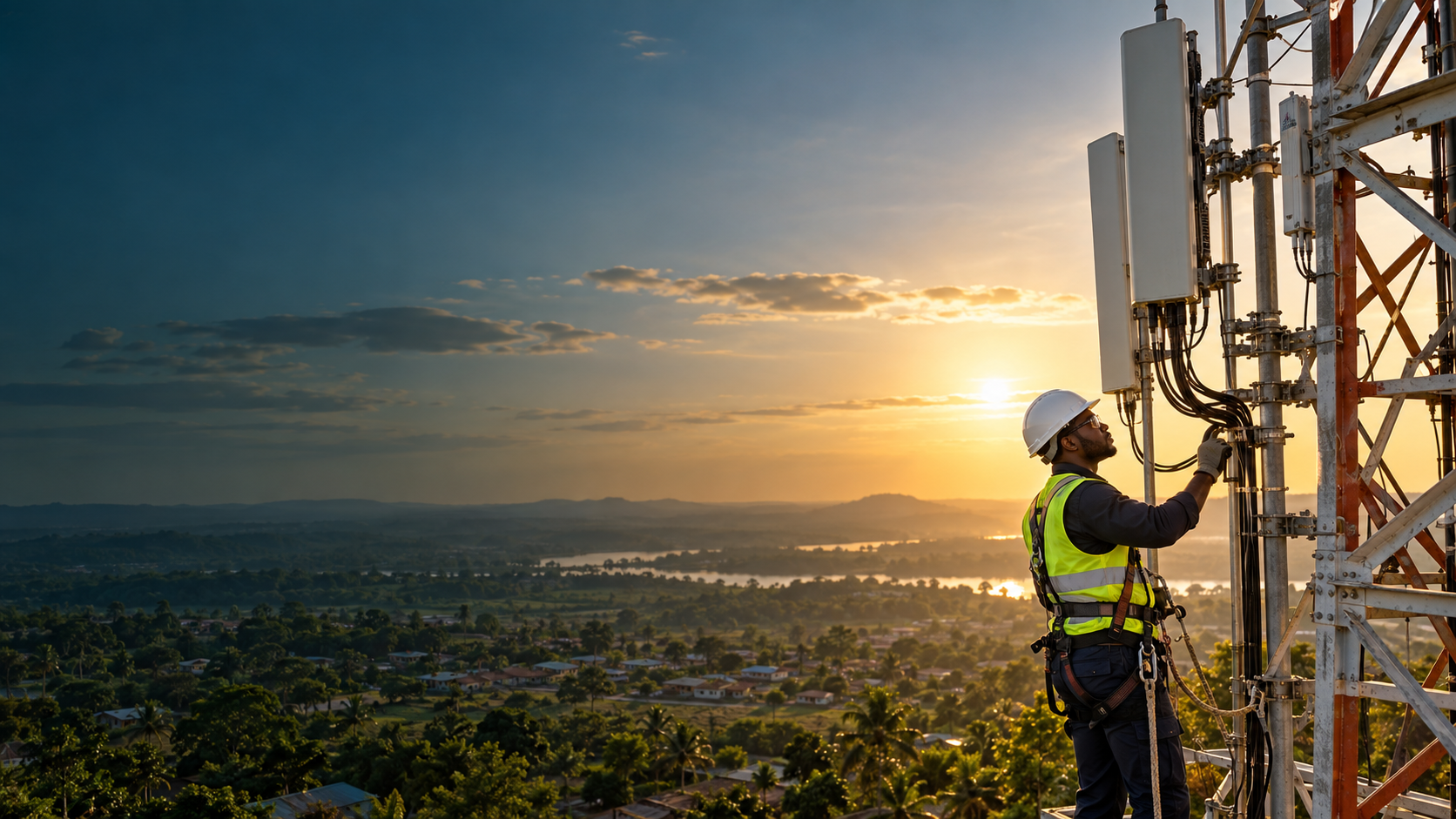 Telecom technician servicing tower equipment